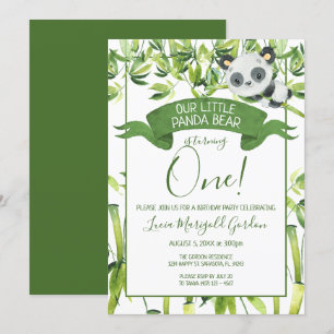 Invitation Cute Panda Bear Green Bamboo Premier anniversaire