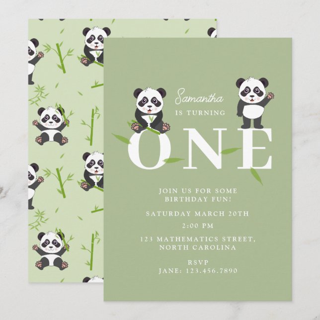 Invitation Cute Panda Bear Kawaii Kids First One Birthday (Devant / Derrière)