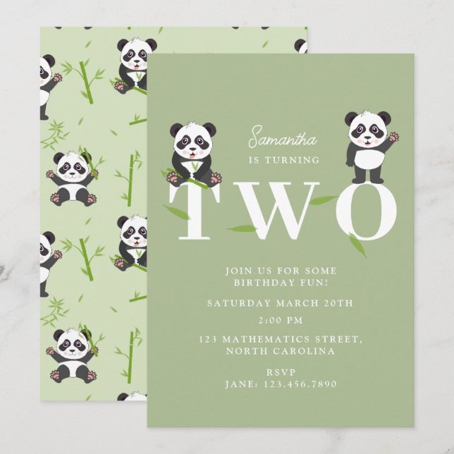 Invitation Cute Panda Bear Kawaii Kids Two 2 Birthday (Devant / Derrière)
