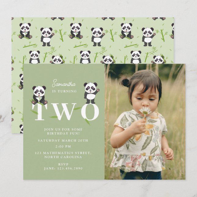 Invitation Cute Panda Bear Kawaii Kids Two 2 Birthday Photo (Devant / Derrière)