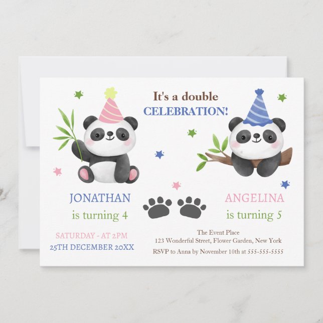 Invitation Cute Panda Boy and Girl Joint Birthday  (Devant)