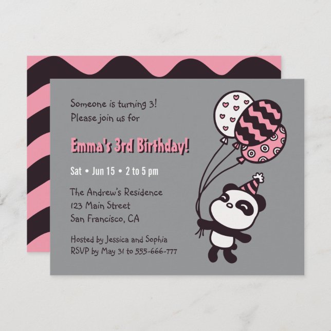 Invitation Cute Panda et Ballons Filles Anniversaire (Devant / Derrière)