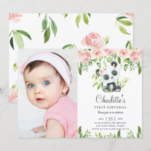 Invitation Cute Panda Floral Green 1er anniversaire fille pho
