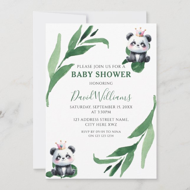 Invitation Cute Panda Foliage Genre Neutre Baby shower Chic (Devant)