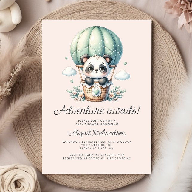Invitation Cute Panda Hot Air Balloon Mint Green Baby shower (Créateur téléchargé)