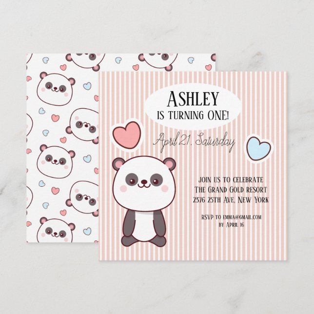 Invitation Cute Panda Kawaii 1er anniversaire (Devant / Derrière)