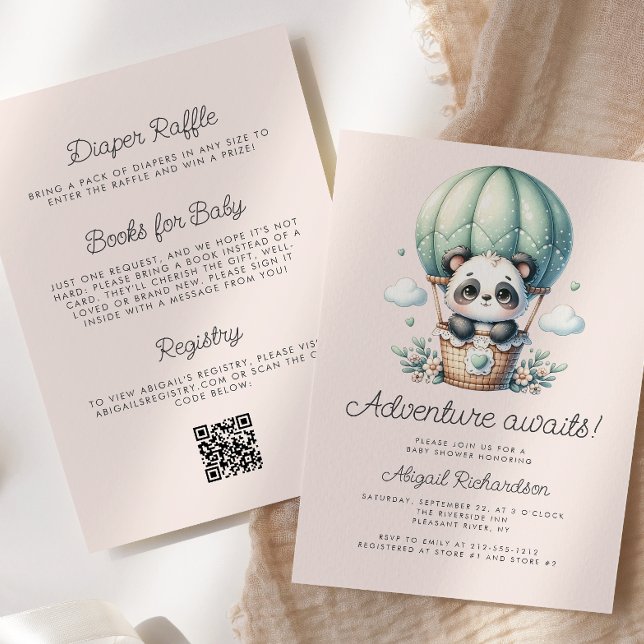 Invitation Cute Panda Mint Green Blush QR Code Baby shower (Créateur téléchargé)