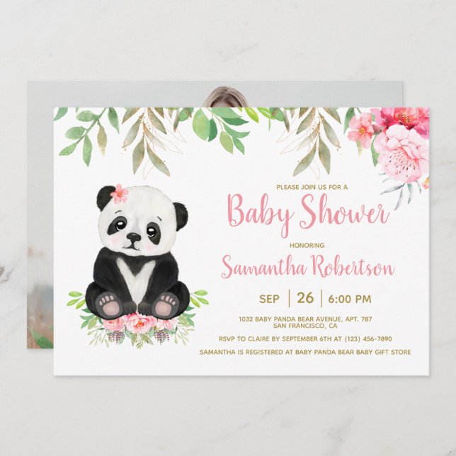 Invitation Cute Panda Ours rose pâle Baby shower Floral (Devant / Derrière)