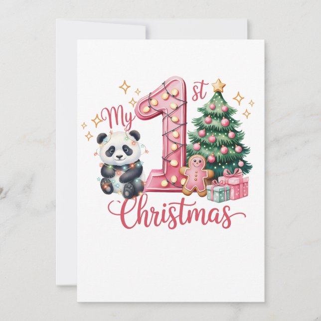 Invitation Cute Panda Pink My First Christmas Birthday (Devant)