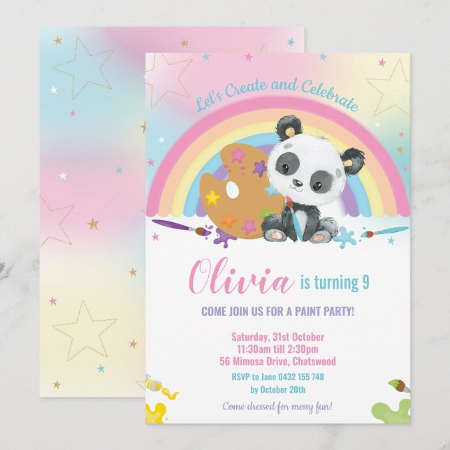 Invitation Cute Panda Rainbow Art Paint Fête d'anniversaire f (Devant / Derrière)