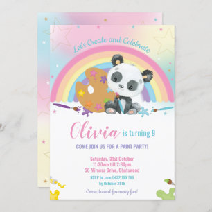 Invitation Cute Panda Rainbow Art Paint Fête d'anniversaire f