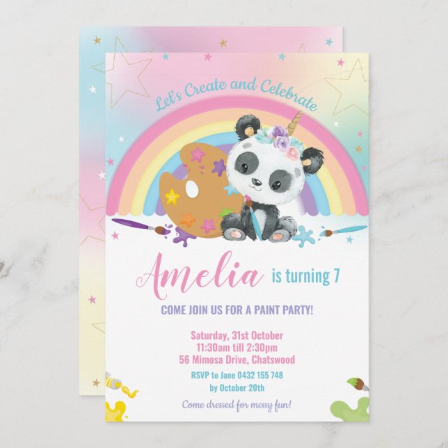 Invitation Cute Panda Rainbow Art Paint Fête d'anniversaire f (Devant / Derrière)