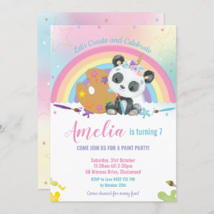Invitation Cute Panda Rainbow Art Paint Fête d'anniversaire f