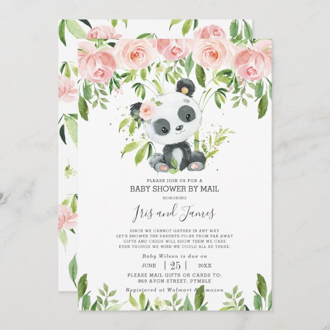 Invitation Cute Panda rose Floral Baby shower virtuel par cou (Devant / Derrière)