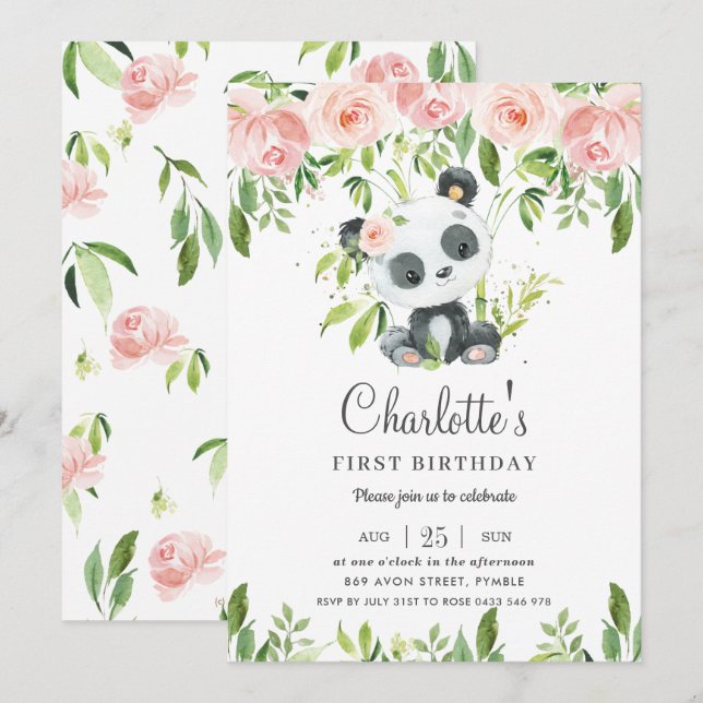 Invitation Cute Panda Rose Floral Verdure 1er anniversaire fi (Devant / Derrière)