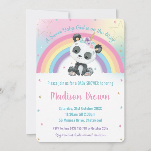 Invitation Cute Pandacorn Panda Baby shower arc-en-ciel (Devant)