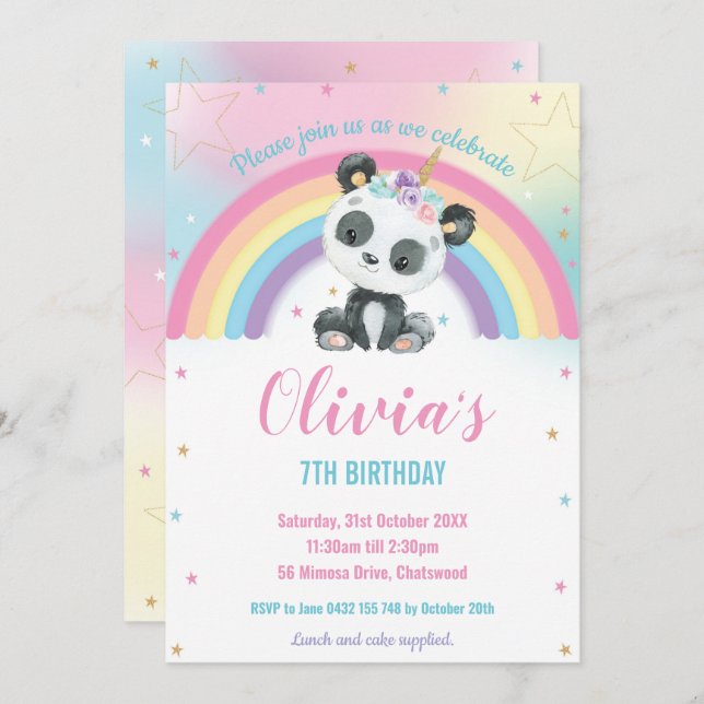 Invitation Cute Pandacorn Panda Rainbow fête d'anniversaire (Devant / Derrière)