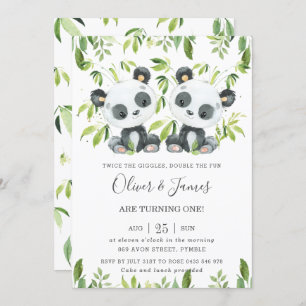 Invitation Cute Pandas Bamboo Vert Jumeaux Jumeaux Anniversai
