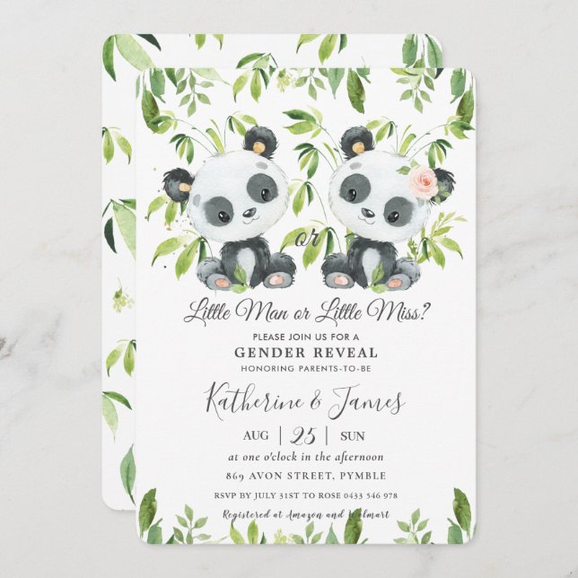 Invitation Cute Pandas verdure Baby shower de révélation de g (Devant / Derrière)