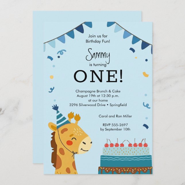 Invitation Cute Party Animal Boy 1st Birthday (Devant / Derrière)
