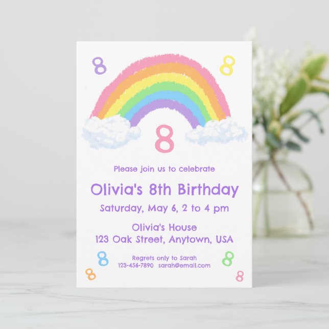 Invitation Cute Pastel Arc-en-ciel et nuages Anniversaire (Debout devant)