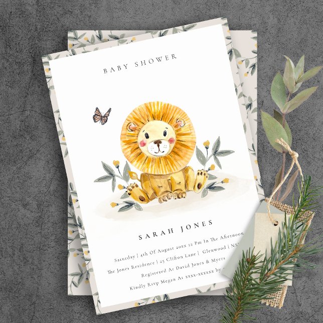 Invitation Cute Pastel Baby shower de feuillage Lion Woodland (Créateur téléchargé)