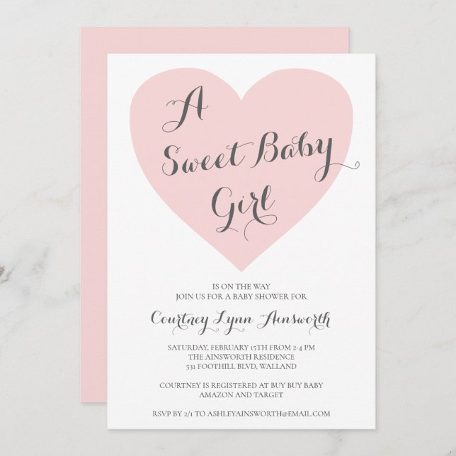 Invitation Cute Pastel Coeur rose Doux Bébé Baby shower fille (Devant / Derrière)