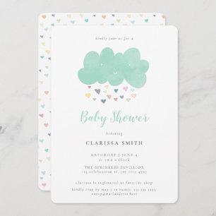 Invitation Cute Pastel Coeurs Pluie Baby shower nuageux