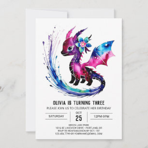 Invitation Cute Pastel Dragon Digital Girl Anniversaire