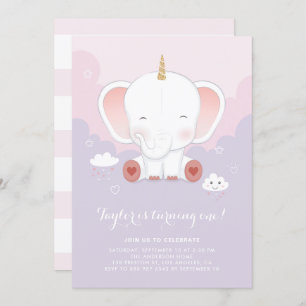 Invitation Cute Pastel Elephant Unicorn Première fête d'anniv