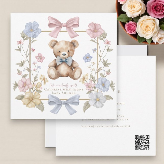 Invitation Cute pastel Floral Teddy Bear Baby Shower QR code  (Créateur téléchargé)
