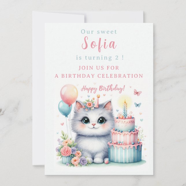 Invitation Cute Pastel Kitten Gâteau d'anniversaire - Anniver (Devant)