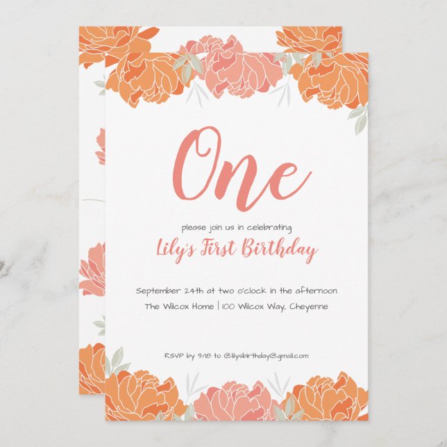 Invitation Cute Pastel Peonies Baby Girl's 1st Birthday Party (Devant / Derrière)