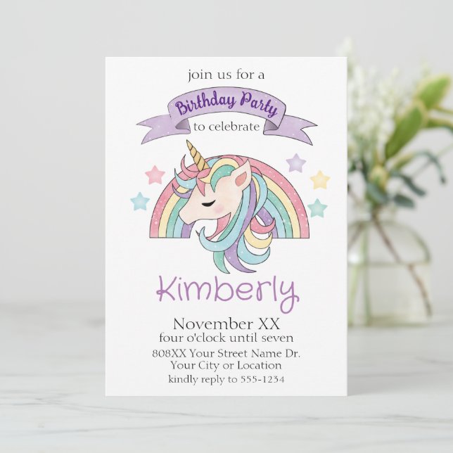 Invitation Cute Pastel Rainbow et Sparkly Unicorn Party (Debout devant)