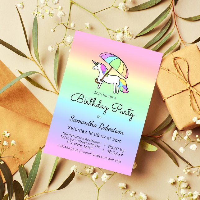 Invitation Cute Pastel Rainbow Unicorn fête d'anniversaire (Créateur téléchargé)