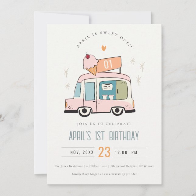 Invitation Cute Pastel Sweet One Ice Cream Camion 1er Anniver (Devant)