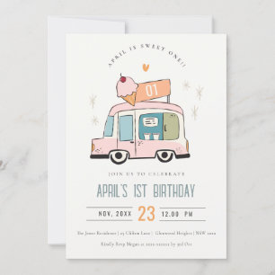 Invitation Cute Pastel Sweet One Ice Cream Camion 1er Anniver