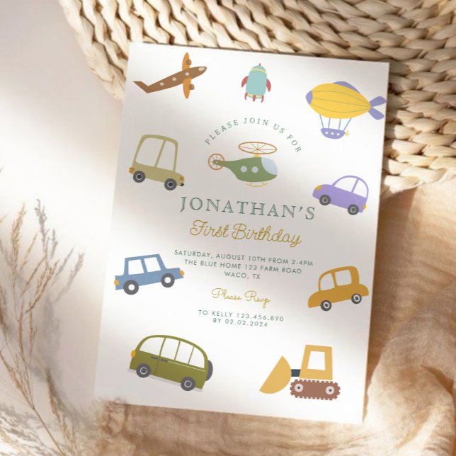 Invitation Cute Pastel Véhicule Avion Rocket Premier Annivers (Créateur téléchargé)