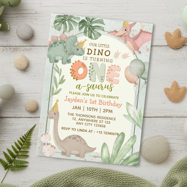 Invitation Cute Pastel Vert Dinosaur One-A-Sauraus Anniversai (Créateur téléchargé)