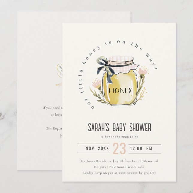 Invitation Cute Pastel Watercolor Honey Jar Baby Shower (Devant / Derrière)