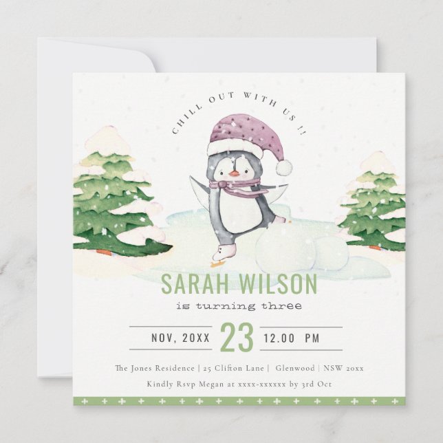 Invitation Cute Pastel Winter Penguin Enfants N'importe quel  (Devant)