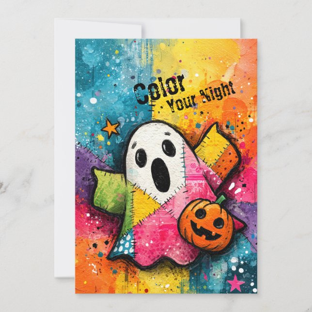 Invitation Cute Patchwork Ghost Colorful Splatter Art (Devant)