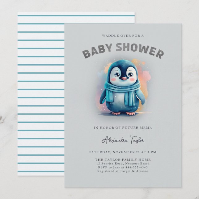 Invitation Cute Penguin Adorable Aquarelle Baby shower garçon (Devant / Derrière)