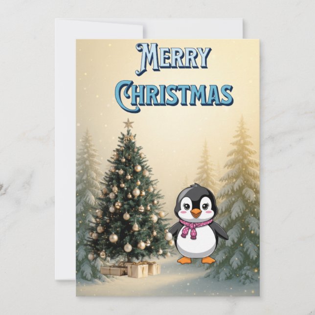 Invitation Cute Penguin & Christmas Tree Flat Holiday Card (Devant)