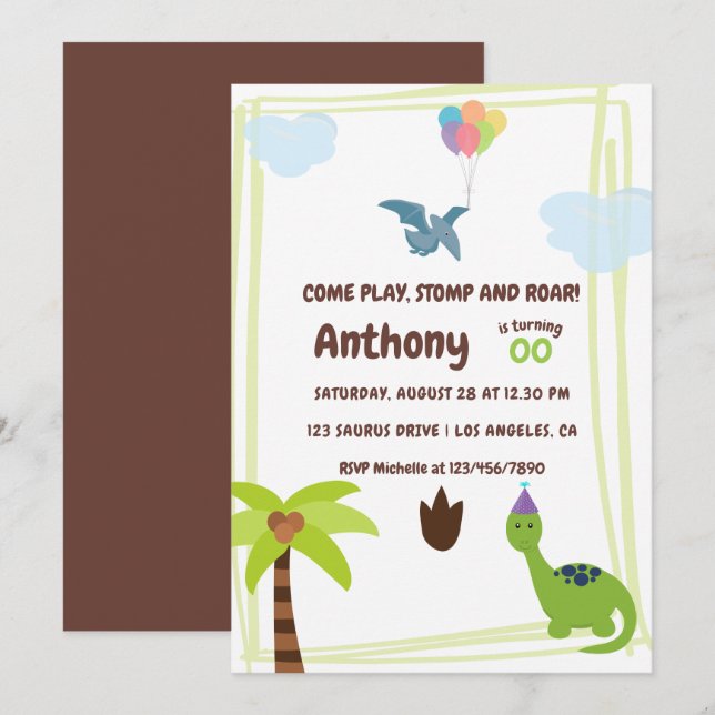 Invitation Cute Personnalisée Dinosaure thème de fête Invitat (Devant / Derrière)