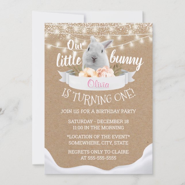 Invitation Cute Petit Lapin Rustique Kraft Premier Anniversai (Devant)