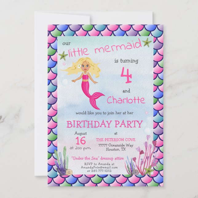 Invitation Cute Petite Sirène rose Dressup fête d'anniversair (Devant)