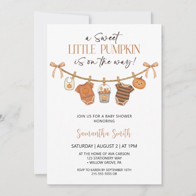 Invitation Cute Petits Vêtements Citrouilles Baby shower d'au (Devant)