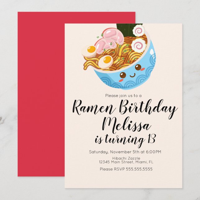 Invitation Cute Pho Oriental Ramen Dîner d'anniversaire  (Devant / Derrière)