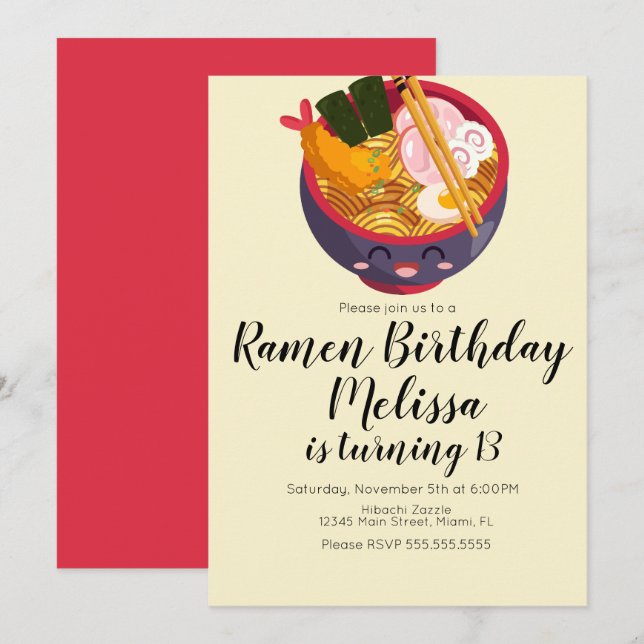 Invitation Cute Pho Oriental Ramen Dîner d'anniversaire Viole (Devant / Derrière)